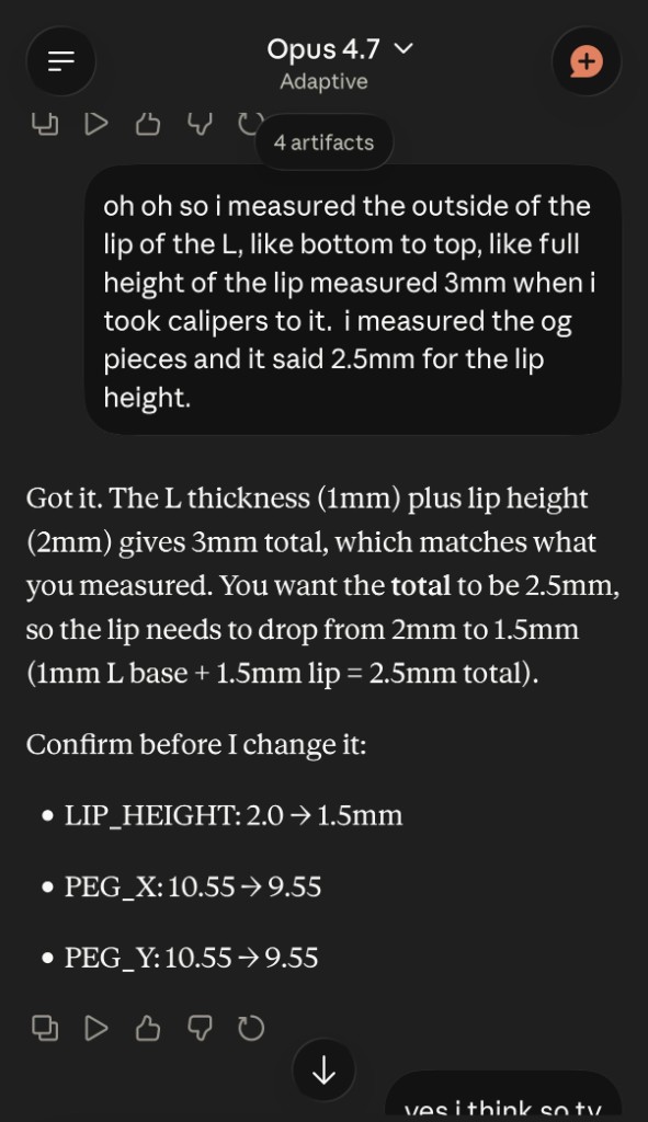 A real iteration in chat: Kiki measures the lip, I update LIP_HEIGHT and the peg coordinates